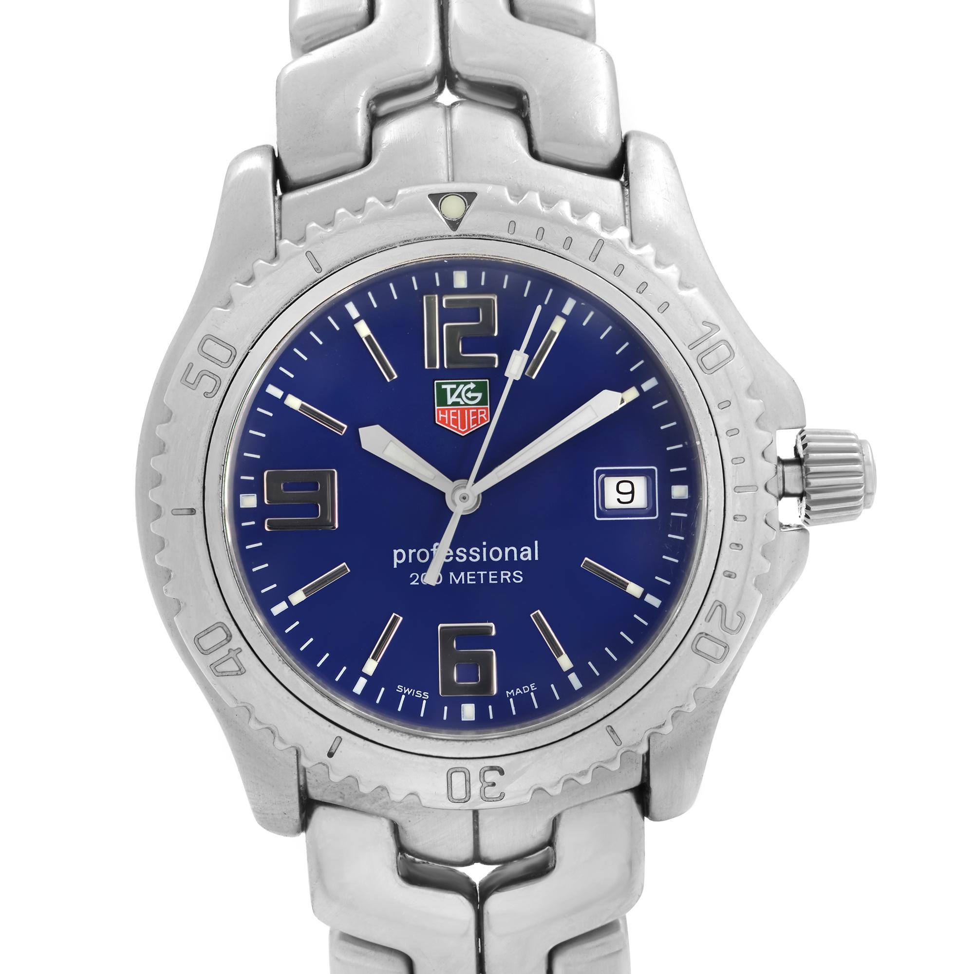 Pre-owned Tag Heuer Link Stainless Steel 200m Professional Blue Dial Quartz Men's Watch WT1113.BA0551. This Timepiece is powered by a Quartz Movement and Features: Stainless Steel Round Case and Bracelet. Uni-Directional Rotating Steel Bezel. Blue