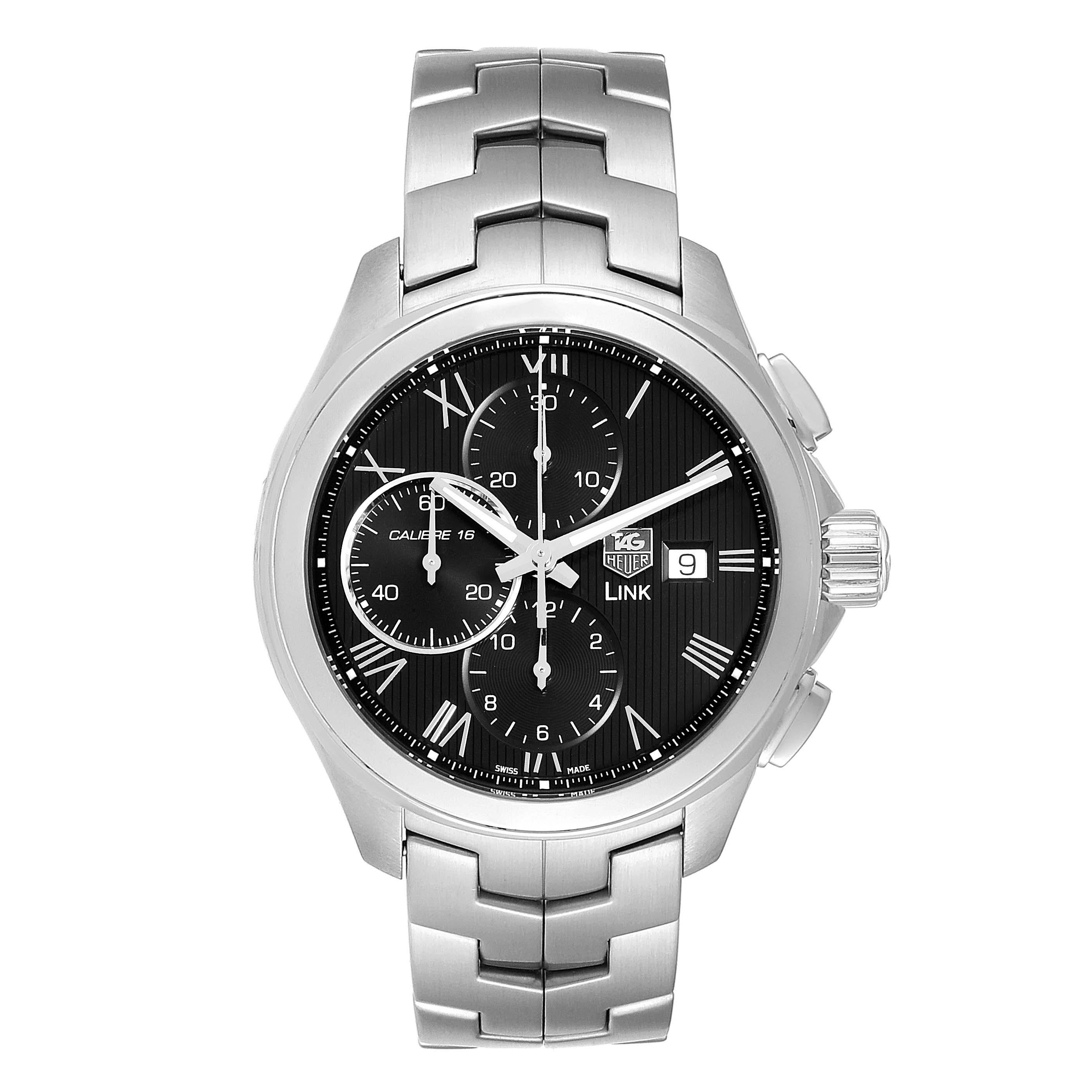 TAG Heuer Link Steel Black Dial Chronograph Mens Watch CAT2012 Box Card. Automatic self-winding chronograph movement. Stainless steel case 43.0 mm in diameter. Stainless steel tachimetric bezel . Scratch resistant sapphire crystal. Black dial with