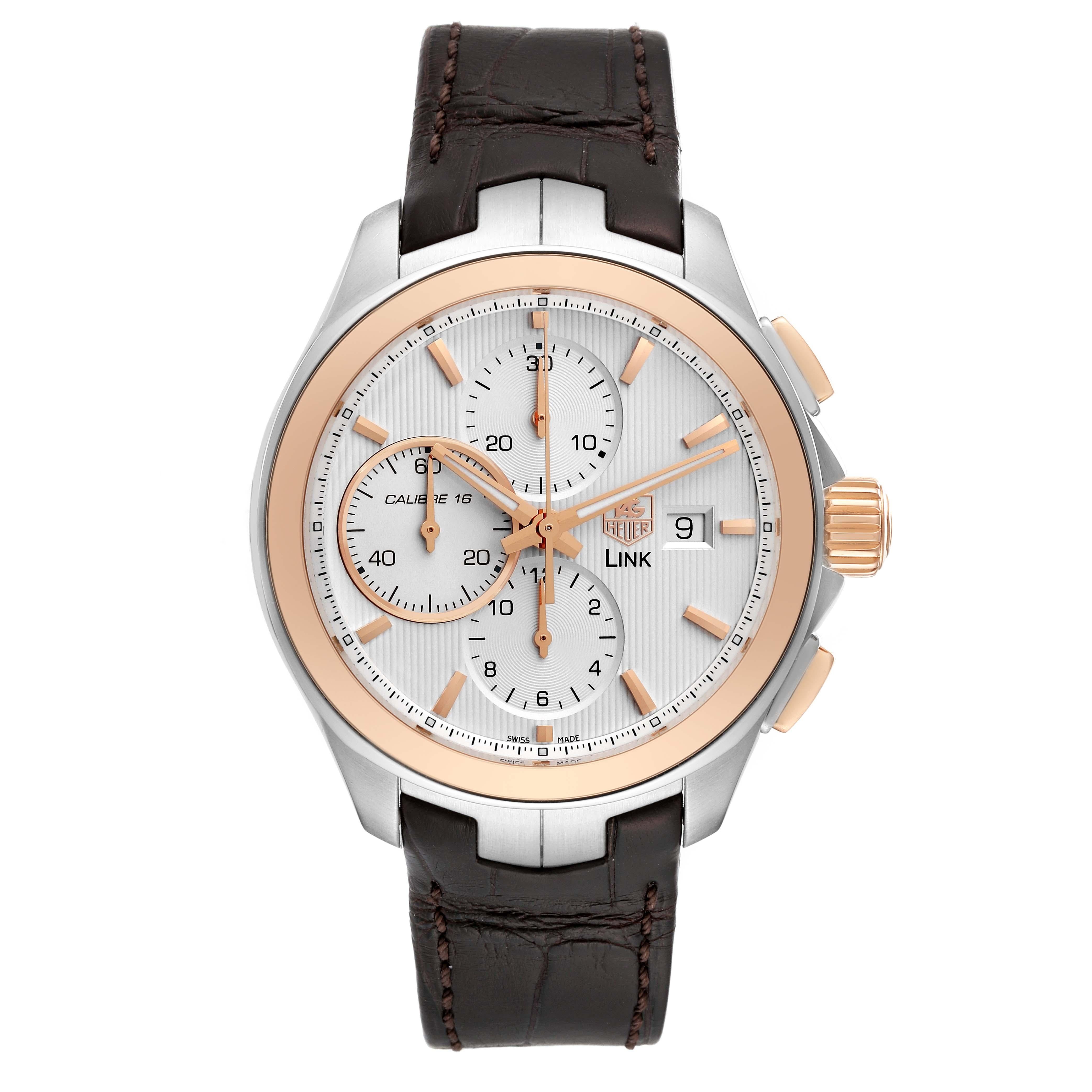 TAG Heuer Link Steel Rose Gold Chronograph Mens Watch CAT2050. Automatic movement. Stainless steel and rose gold case 43.0 mm in diameter. 18k rose gold tachimetric bezel. Scratch resistant sapphire crystal. Silver dial with luminous hands and index