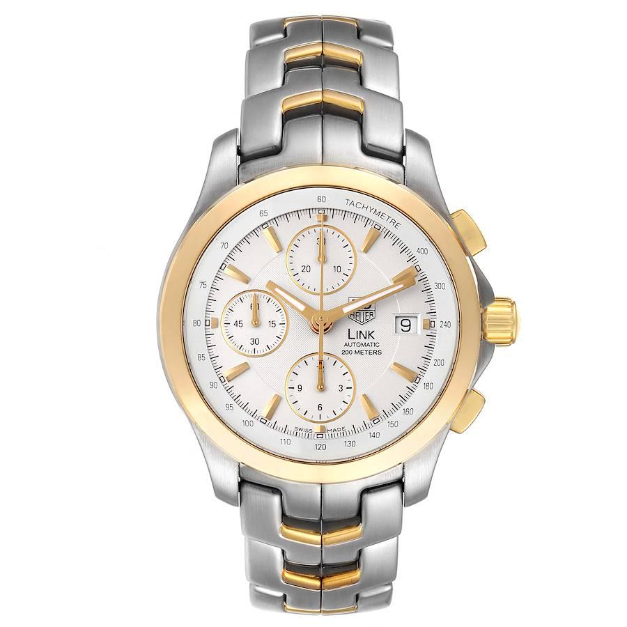 Tag Heuer Link Stahl Gelbgold Chronograph Herrenuhr CJF2150 Box Card. Automatisches Chronographenwerk mit Selbstaufzug. Gehäuse aus poliertem Edelstahl 42,0 mm mit Krone und Chronographendrückern aus 18 Karat Gelbgold. Glatte Lünette aus 18 Karat