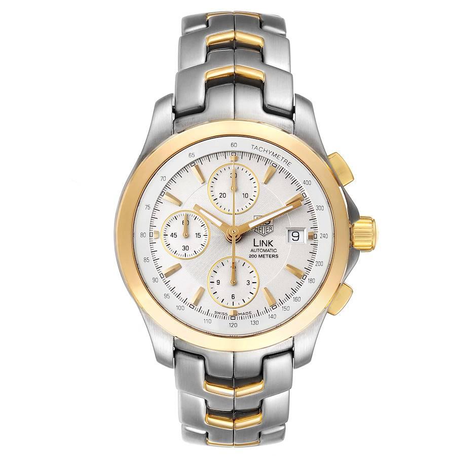 Tag Heuer Link Steel Yellow Gold Chronograph Mens Watch CJF2150 Card. Automatic self-winding chronograph movement. Polished stainless steel case 42.0 mm with 18K yellow gold crown and chronograph pushers. 18K yellow gold smooth bezel. Scratch