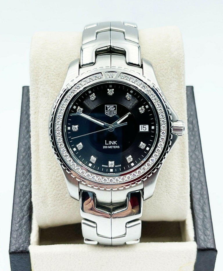 Tag Heuer Link WJ1117-0 Black Diamond Dial Bezel Stainless Steel Box Papers In Excellent Condition For Sale In San Diego, CA