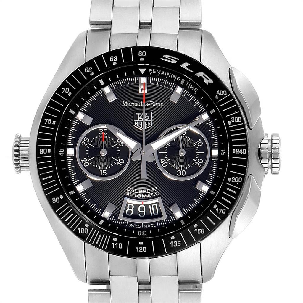 Tag Heuer Mercedez Benz SLR LE Chronograph Mens Watch CAG2111. Automatic self-winding movement. Chronograph function. Brushed stainless steel case 45.0 mm in diameter. Black aluminium bezel with tachymetre scale. Scratch resistant sapphire crystal.