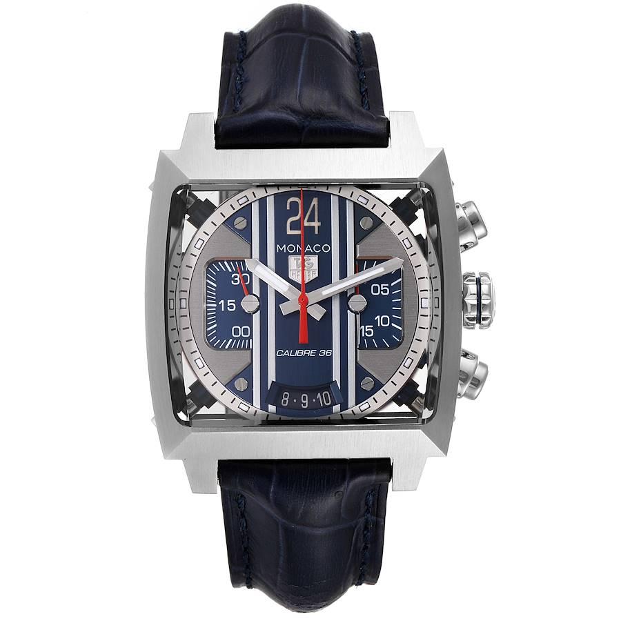 Tag Heuer Monaco 24 Caliber 36 Chronograph Steel Mens Watch CAL5111 Box Card. Automatic self-winding movement. Polished stainless steel case 40.5 x 40.5 mm. Case thickness 16.7mm. Stainless steel bezel. Scratch resistant sapphire crystal. Blue