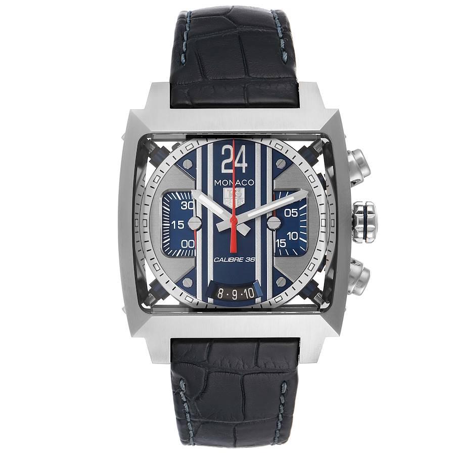 Tag Heuer Monaco 24 Caliber 36 Chronograph Steel Mens Watch CAL5111 Box Card. Automatic self-winding movement. Polished stainless steel case 40.5 x 40.5 mm. Case thickness 16.7mm. Stainless steel bezel. Scratch resistant sapphire crystal. Blue