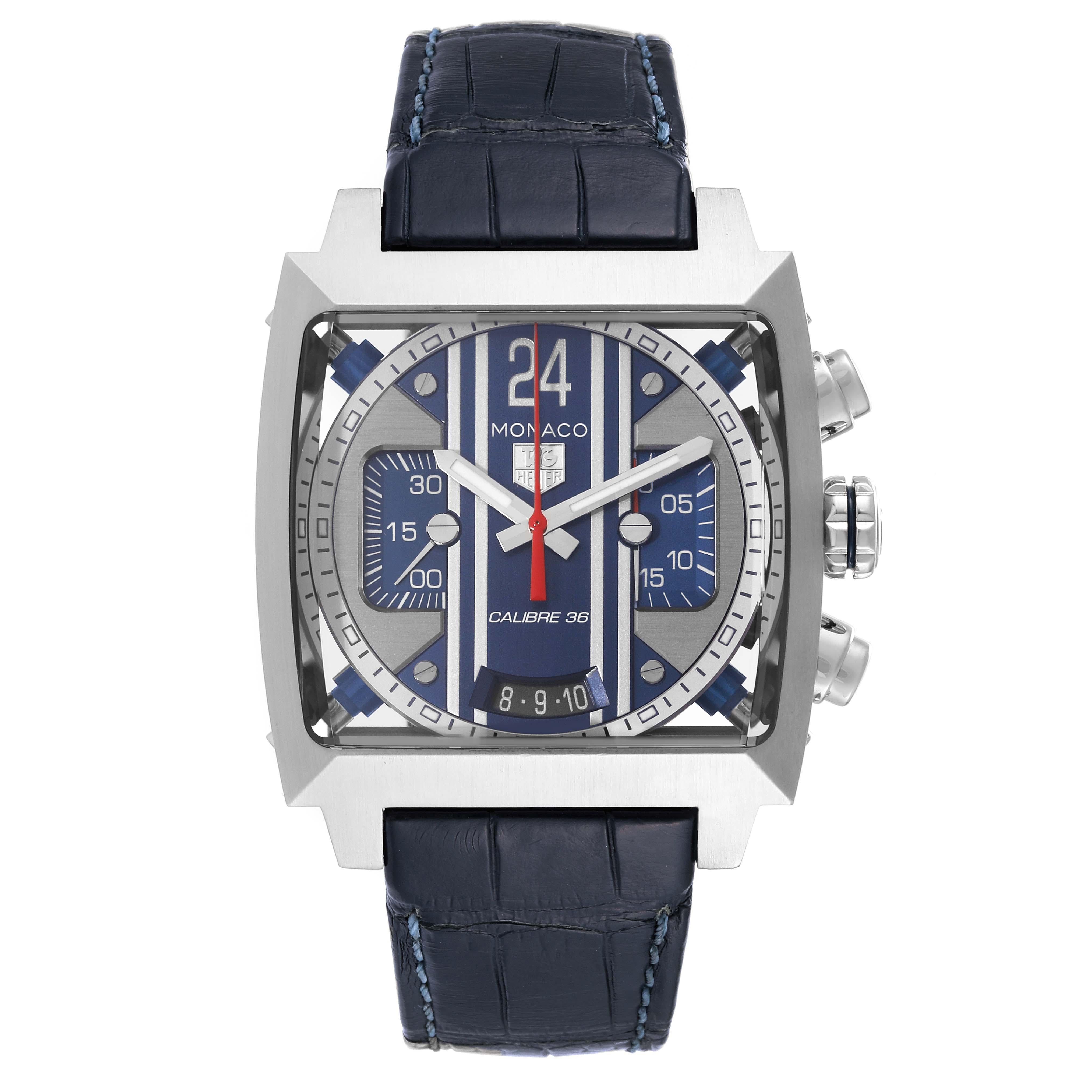 Tag Heuer Monaco 24 Chronograph Steel Mens Watch CAL5111 Box Card. Automatic self-winding movement. Polished stainless steel case 40.5 x 40.5 mm. Case thickness 16.7mm. Transparent exhibition sapphire crystal caseback. Stainless steel bezel. Scratch