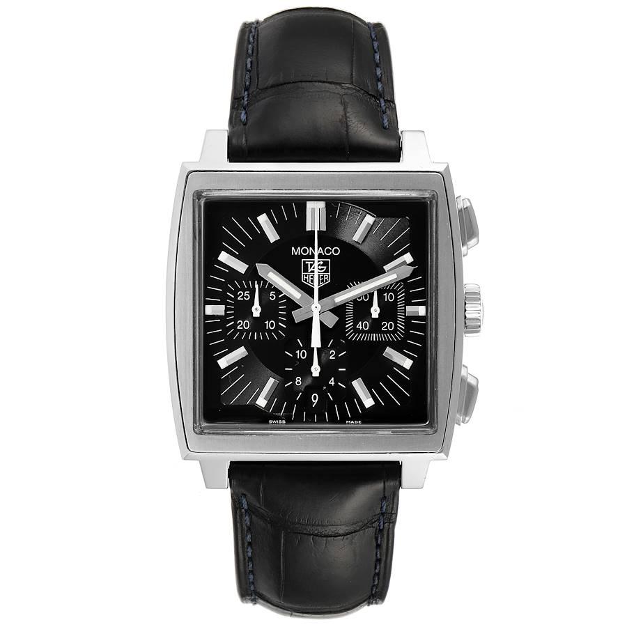 Tag Heuer Monaco Automatic Black Strap Steel Mens Watch CW2111 Box Card. Automatic self-winding movement. Polished stainless steel case 38.5 x 38.5 mm. Stainless steel smooth bezel. Plexiglas crystal. Black dial with index hour markers. Black