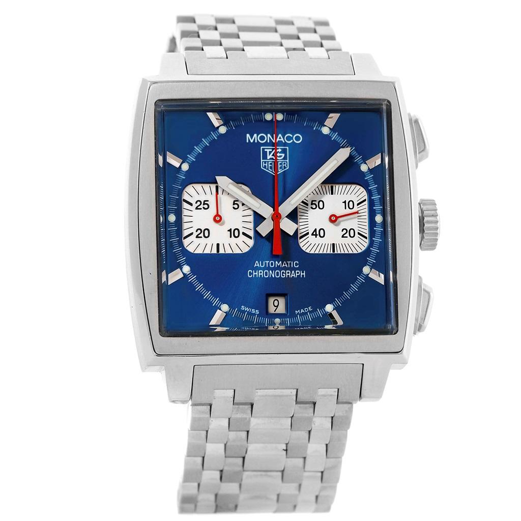 Tag Heuer Monaco Automatic Chronograph Mens Watch CW2113. Automatic self-winding movement. Alternate fine-brushed and polished stainless steel case 38.0 x 38.0 mm. Fluted crown. Stainless steel fixed bezel. Plexiglass crystal. Blue dial with raised