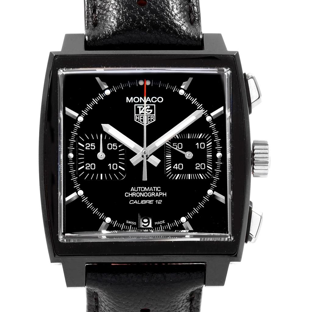 Tag Heuer Monaco Automobile Club Mens Watch CAW2111M Box Card. Automatic self-winding chronograph movement. Titanium carbide coated stainless steel case 39.0 x 39.0 mm. Fluted crown. Exhibition transparent case back. Fixed Titanium carbide coated