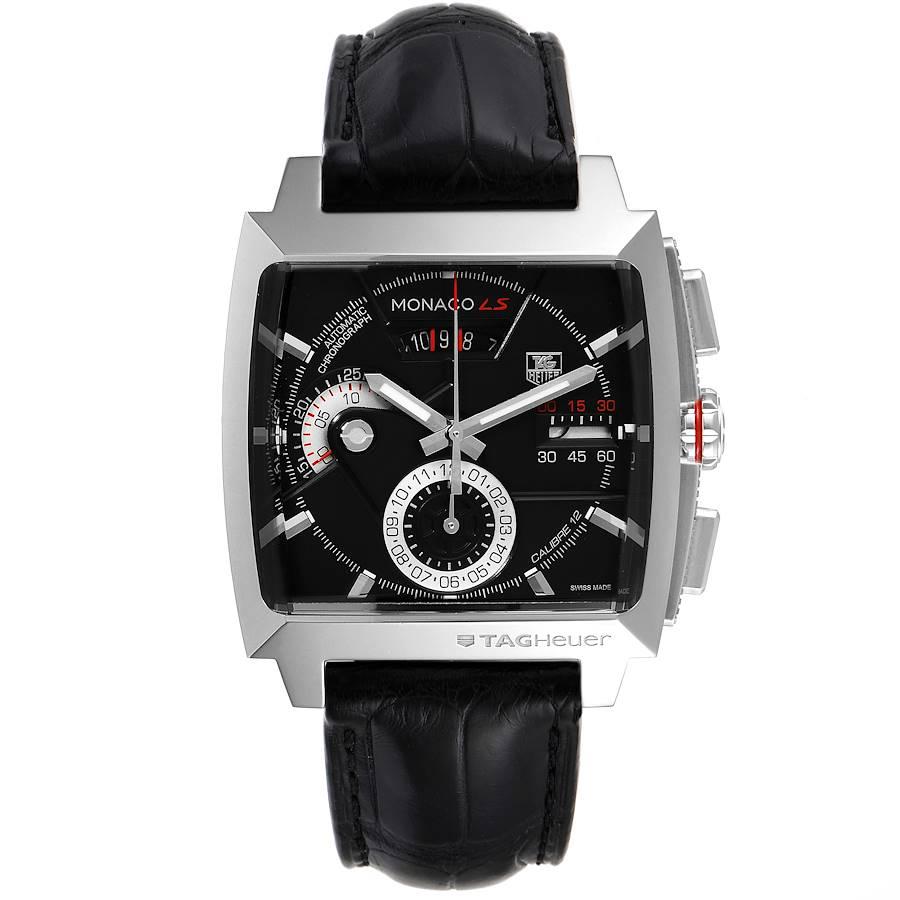 Tag Heuer Monaco Black Dial Automatic Chronograph Mens Watch CAL2110. Automatic self-winding movement. Alternate fine-brushed and polished stainless steel case 40.5 x 40.5 mm. Fluted crown. Stainless steel bezel. Scratch resistant sapphire crystal.