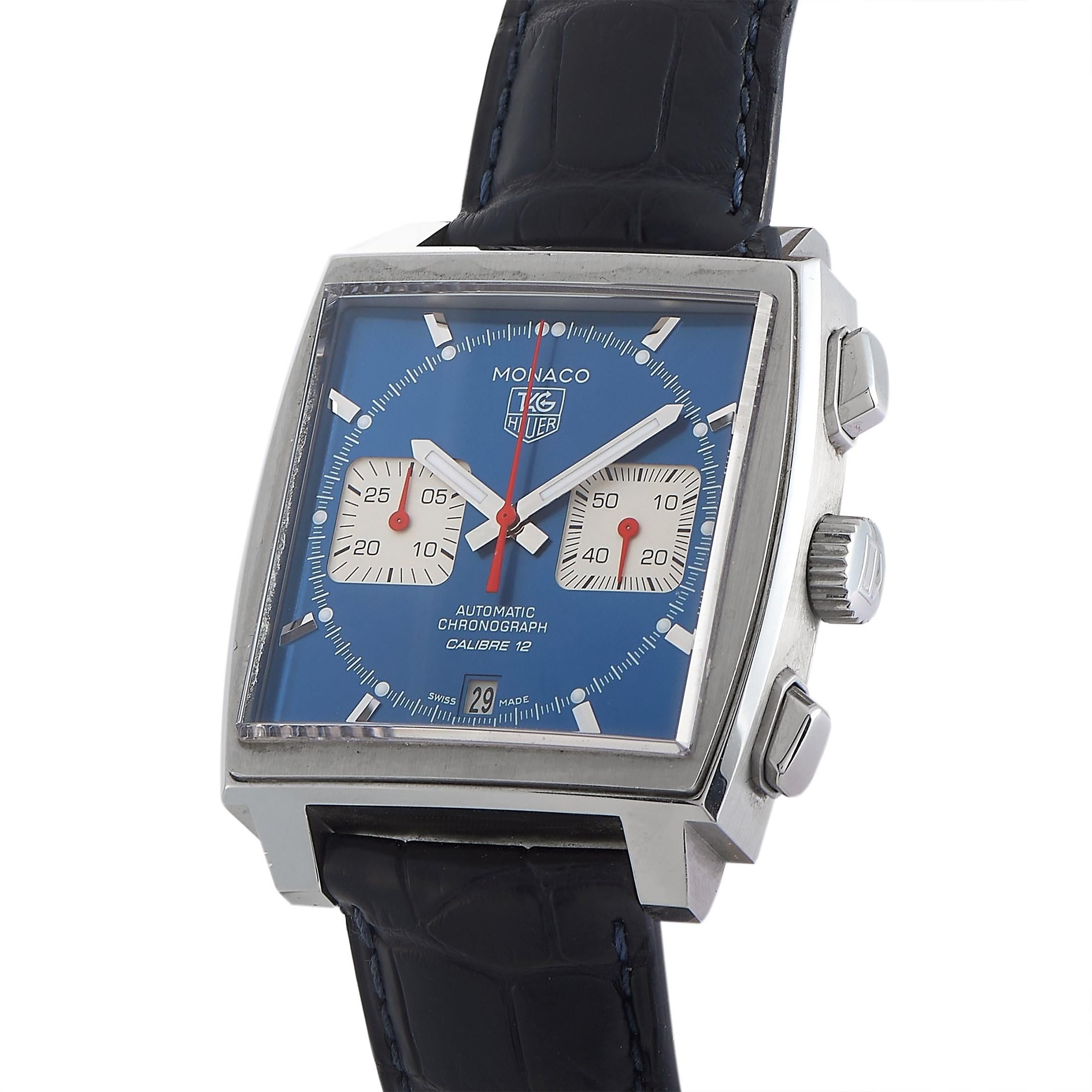 Funky and playful in its blue face, the TAG Heuer Monaco Blue Chronograph Men's Watch CAW2111-0 is worthy of a place on your wrist. It has a unique 39mm stainless steel square case fine-brushed and polished, and paired with an unmistakable blue