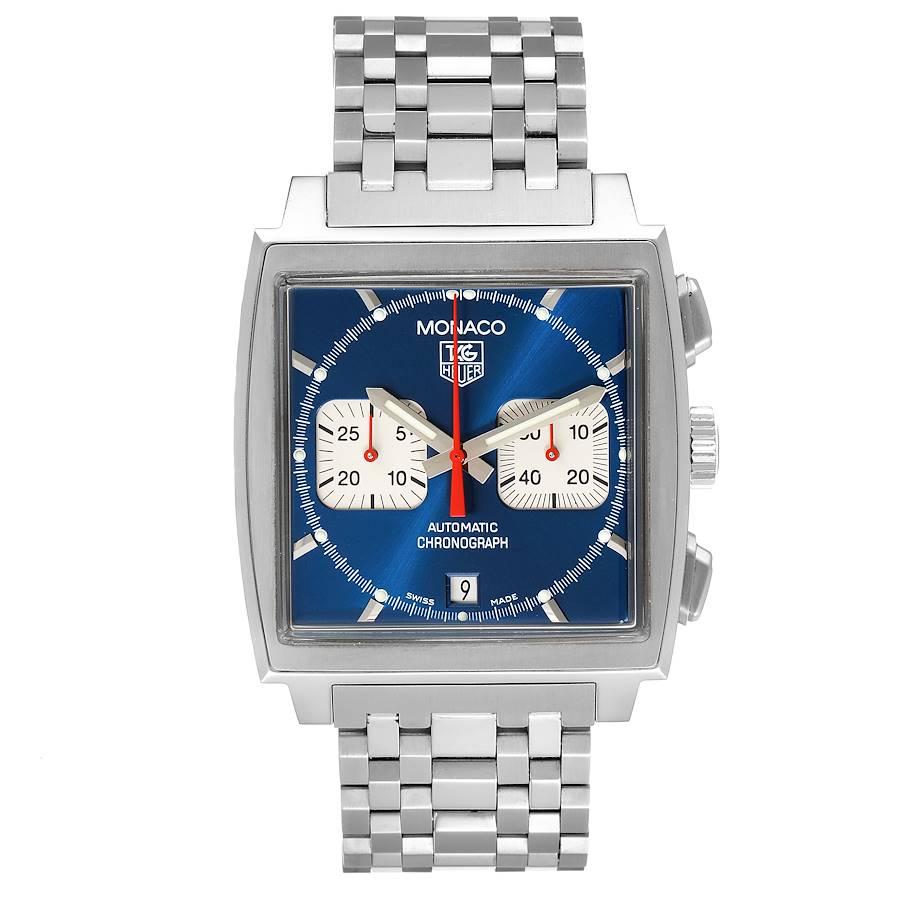 Tag Heuer Monaco Blue Dial Automatic Chronograph Mens Watch CW2113 Card. Automatic self-winding movement. Alternate fine-brushed and polished stainless steel case 38.0 x 38.0 mm. Fluted crown. Stainless steel bezel. Plexiglass crystal. Blue dial