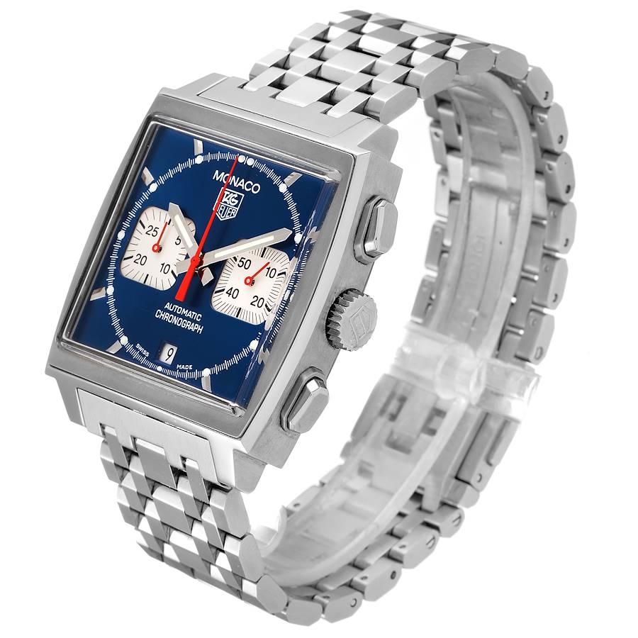 TAG Heuer Monaco Blue Dial Automatic Chronograph Mens Watch CW2113 Card In Excellent Condition For Sale In Atlanta, GA