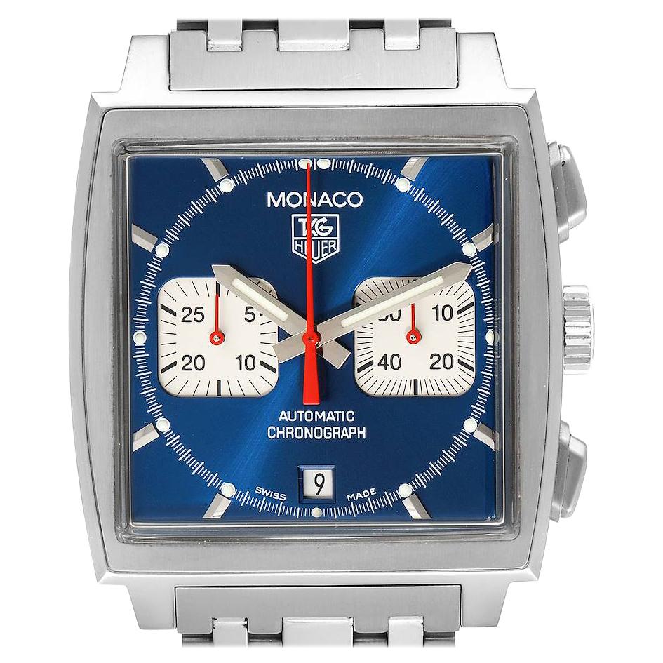 TAG Heuer Monaco Blue Dial Automatic Chronograph Mens Watch CW2113 Card For Sale