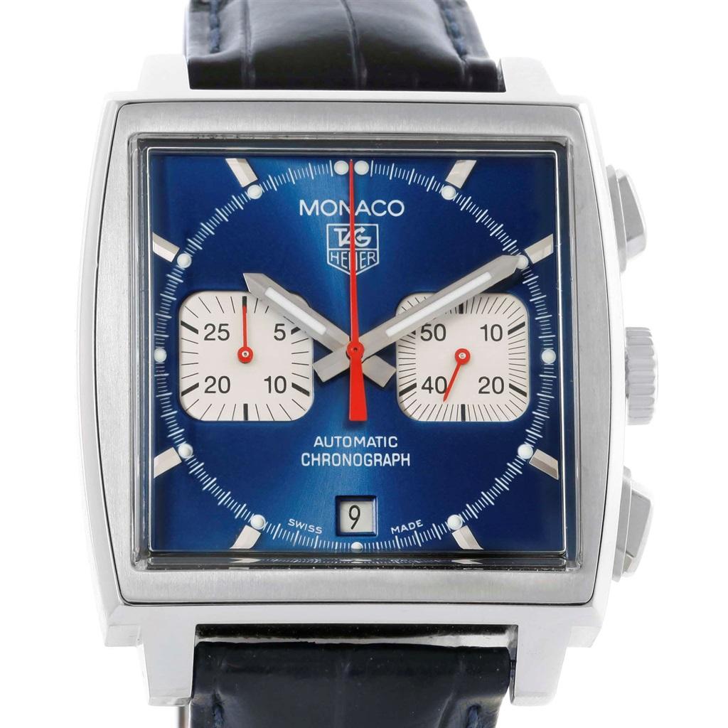 Tag Heuer Monaco Blue Dial Automatic Chronograph Mens Watch CW2113. Automatic self-winding movement. Alternate fine-brushed and polished stainless steel case 38.0 x 38.0 mm. Fluted crown. Fixed stainless steel bezel. Plexiglass crystal. Blue dial