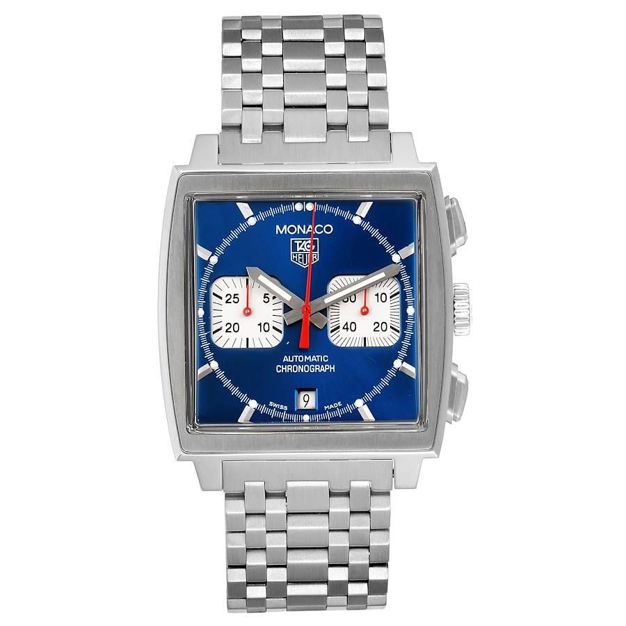 Tag Heuer Monaco Blue Dial Automatic Chronograph Mens Watch CW2113 Papers. Automatic self-winding movement. Alternate fine-brushed and polished stainless steel case 38.0 x 38.0 mm. Fluted crown. Stainless steel bezel. Plexiglass crystal. Blue dial