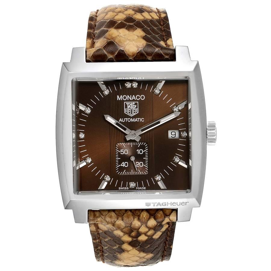 Tag Heuer Monaco Bronze Diamond Dial Python Strap Steel Mens Watch WW2116. Automatic self-winding movement. Polished and brushed stainless steel case 37.0 x 37.0 mm. Stainless steel bezel. Scratch resistant sapphire crystal. Brown bronze dial with