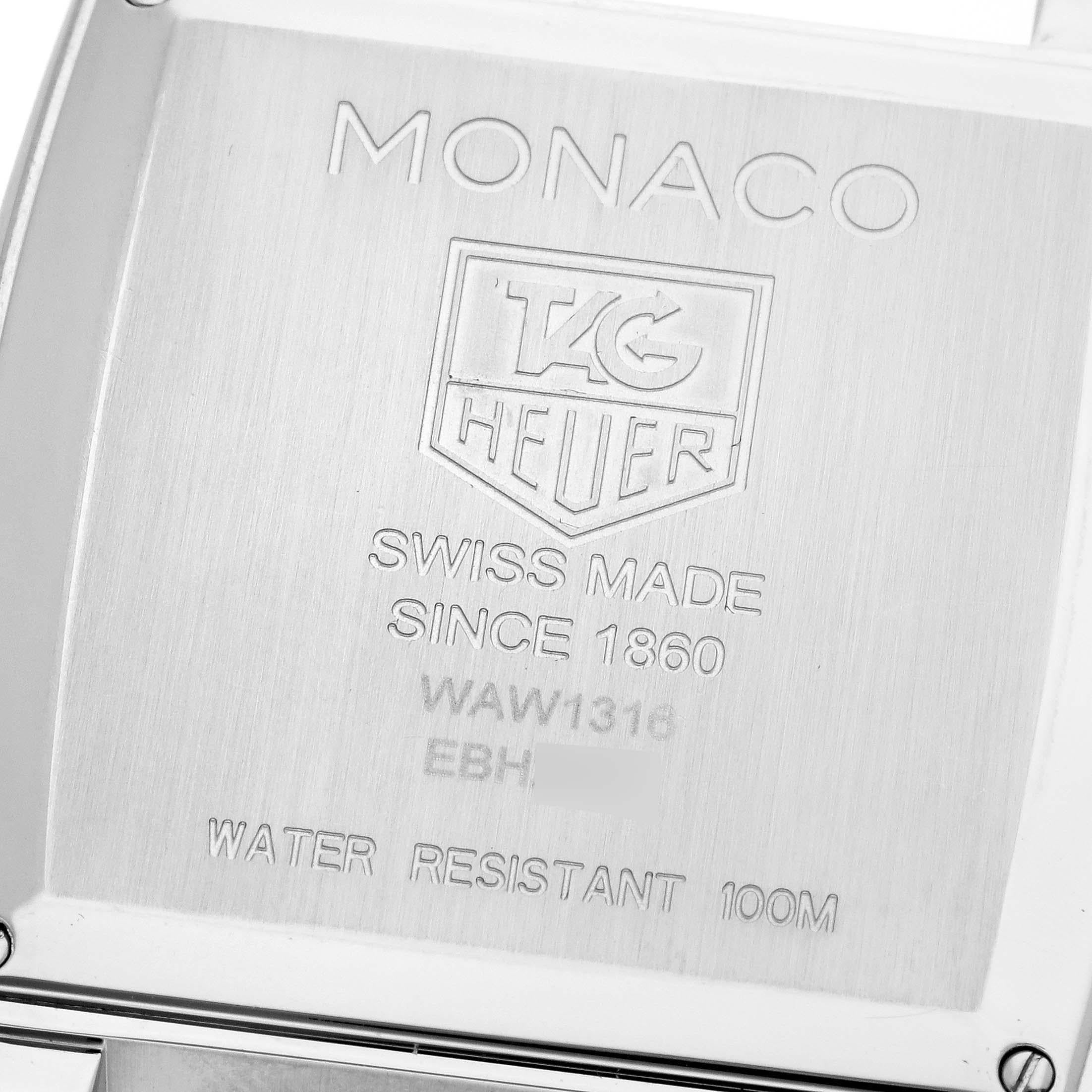 Tag Heuer Monaco Brown Dial Diamond Steel Ladies Watch WAW1316. Mouvement automatique à remontage automatique. Boîtier alternatif en acier inoxydable finement brossé et poli de 37,0 x 37,0 mm. Couronne cannelée. Lunette en acier inoxydable avec