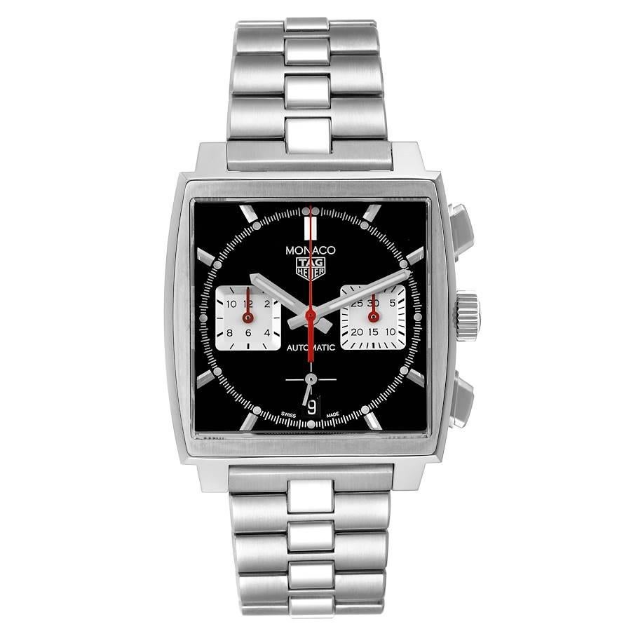 Tag Heuer Monaco Calibre 02 Black Dial Steel Mens Watch CBL2113 Box Card. Automatic self-winding movement. Alternate fine-brushed and polished stainless steel case 39.0 x 39.0 mm. Fluted crown. Stainless steel smooth bezel. Scratch resistant