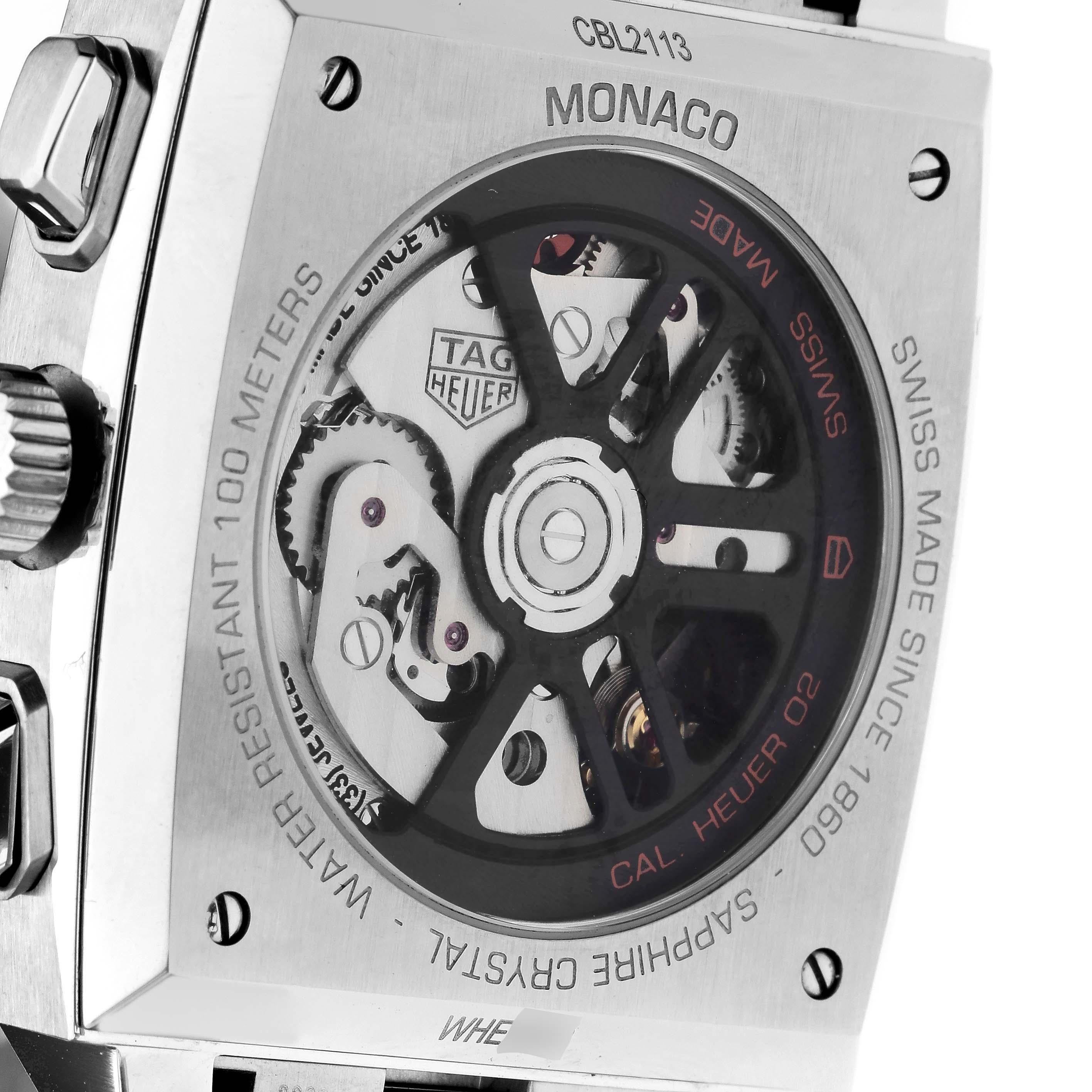 Men's Tag Heuer Monaco Calibre 02 Black Dial Steel Mens Watch CBL2113 Box Card For Sale