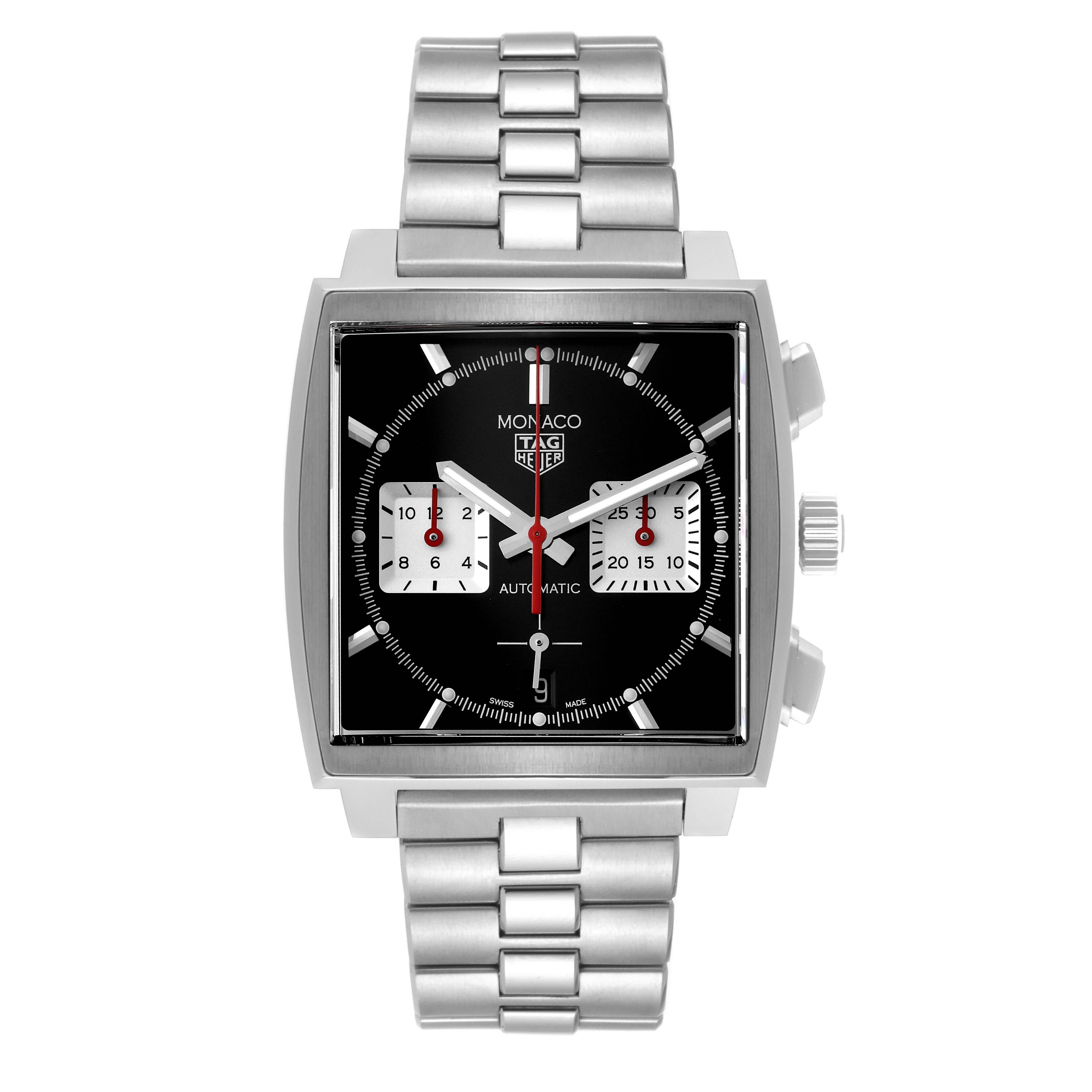 Tag Heuer Monaco Calibre 02 Black Dial Steel Mens Watch CBL2113 Unworn. Automatic self-winding movement. Alternate fine-brushed and polished stainless steel case 39.0 x 39.0 mm. Fluted crown. Transparent exhibition sapphire crystal case back.