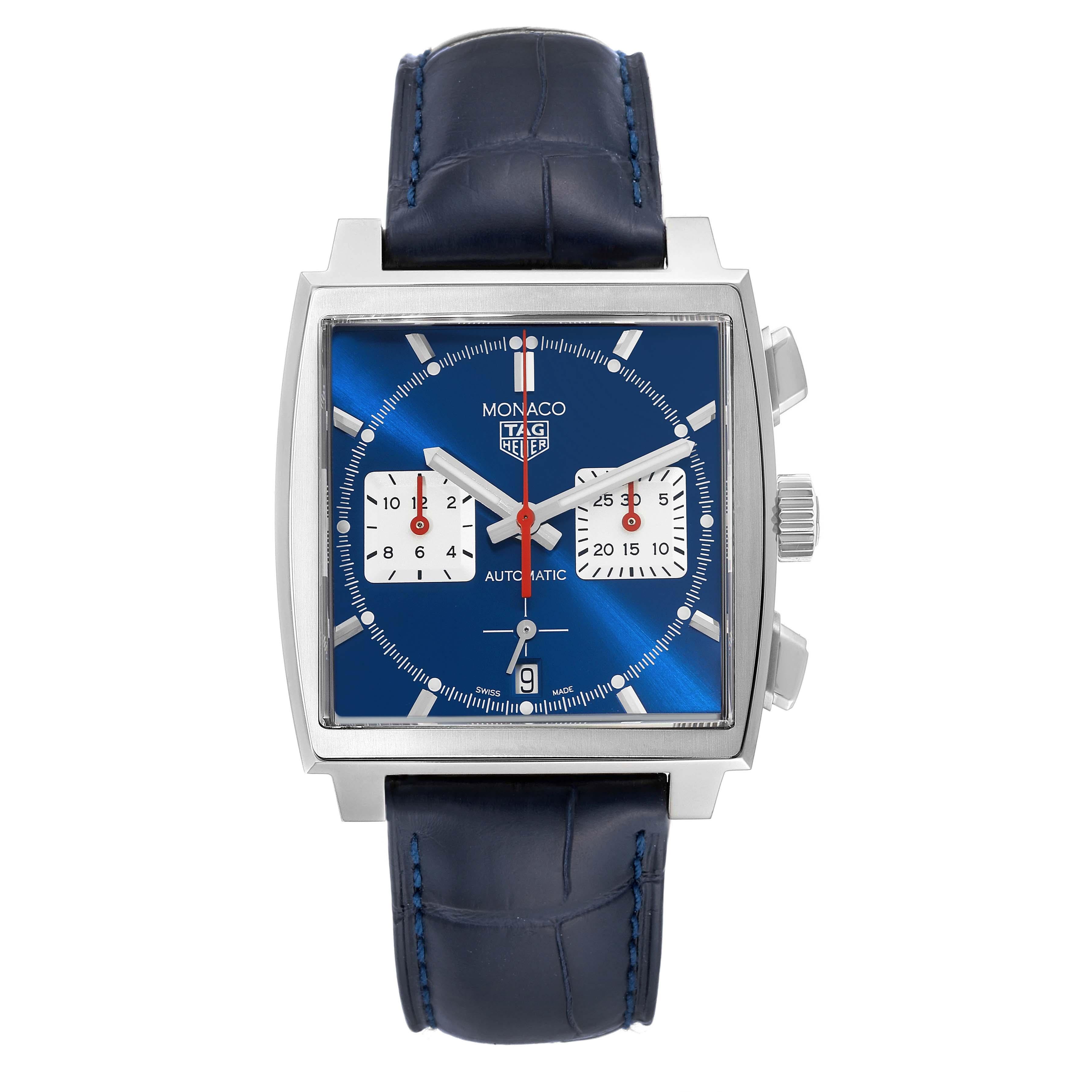 Tag Heuer Monaco Calibre 02 Blue Dial Steel Mens Watch CBL2111 Box Card. Automatic self-winding movement. Alternate fine-brushed and polished stainless steel case 39.0 x 39.0 mm. Fluted crown. Transparent exhibition sapphire crystal caseback.