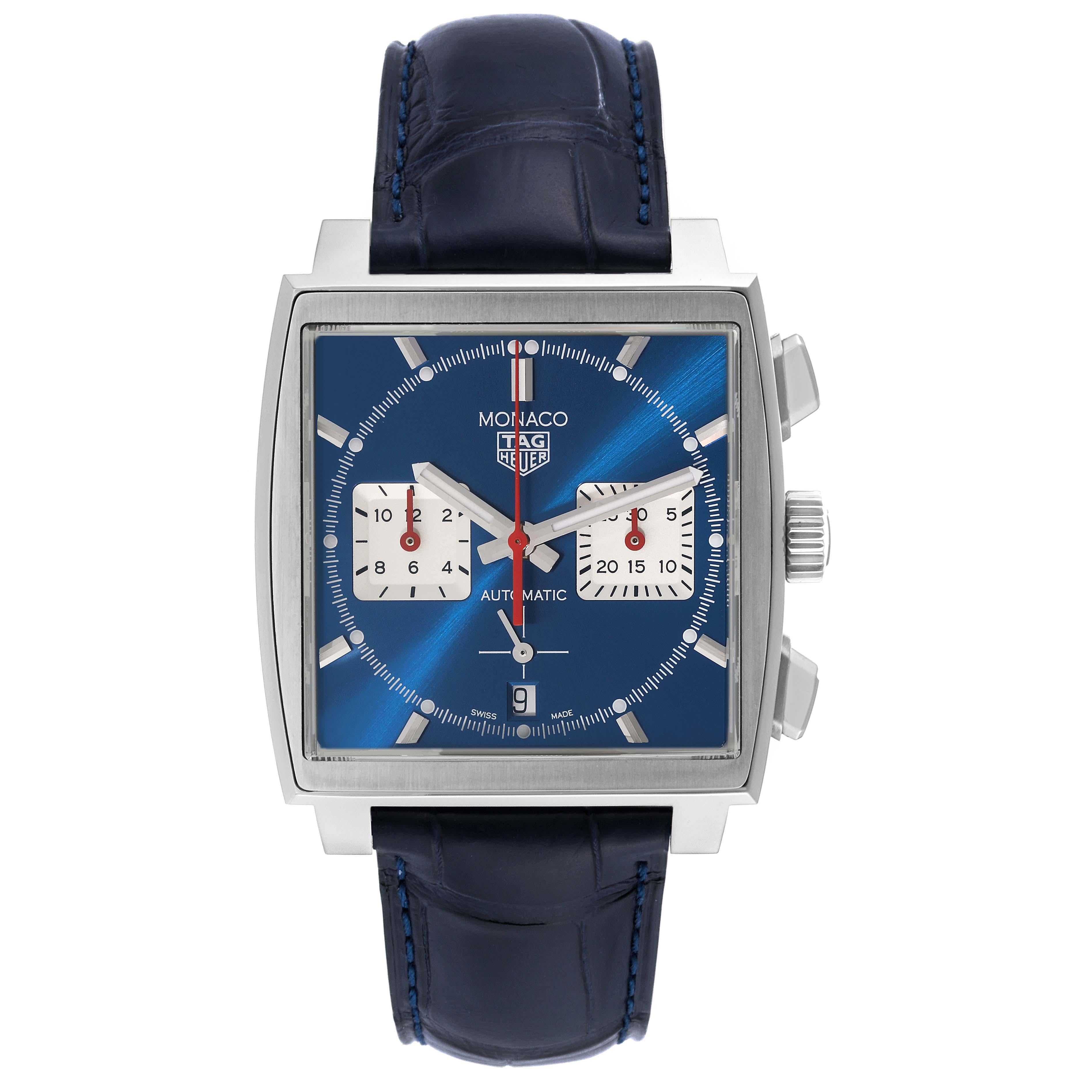 Tag Heuer Monaco Calibre 02 Blue Dial Steel Mens Watch CBL2111 Box Card. Automatic self-winding movement. Alternate fine-brushed and polished stainless steel case 39.0 x 39.0 mm. Fluted crown. Transparent exhibtion sapphire crystal caseback.