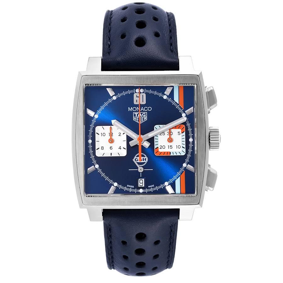 Tag Heuer Monaco Calibre 02 Gulf Edition Steel Mens Watch CBL2115 Box Card. Mouvement automatique à remontage automatique. Boîtier alternatif en acier inoxydable finement brossé et poli de 39,0 x 39,0 mm. Couronne cannelée. Lunette lisse en acier