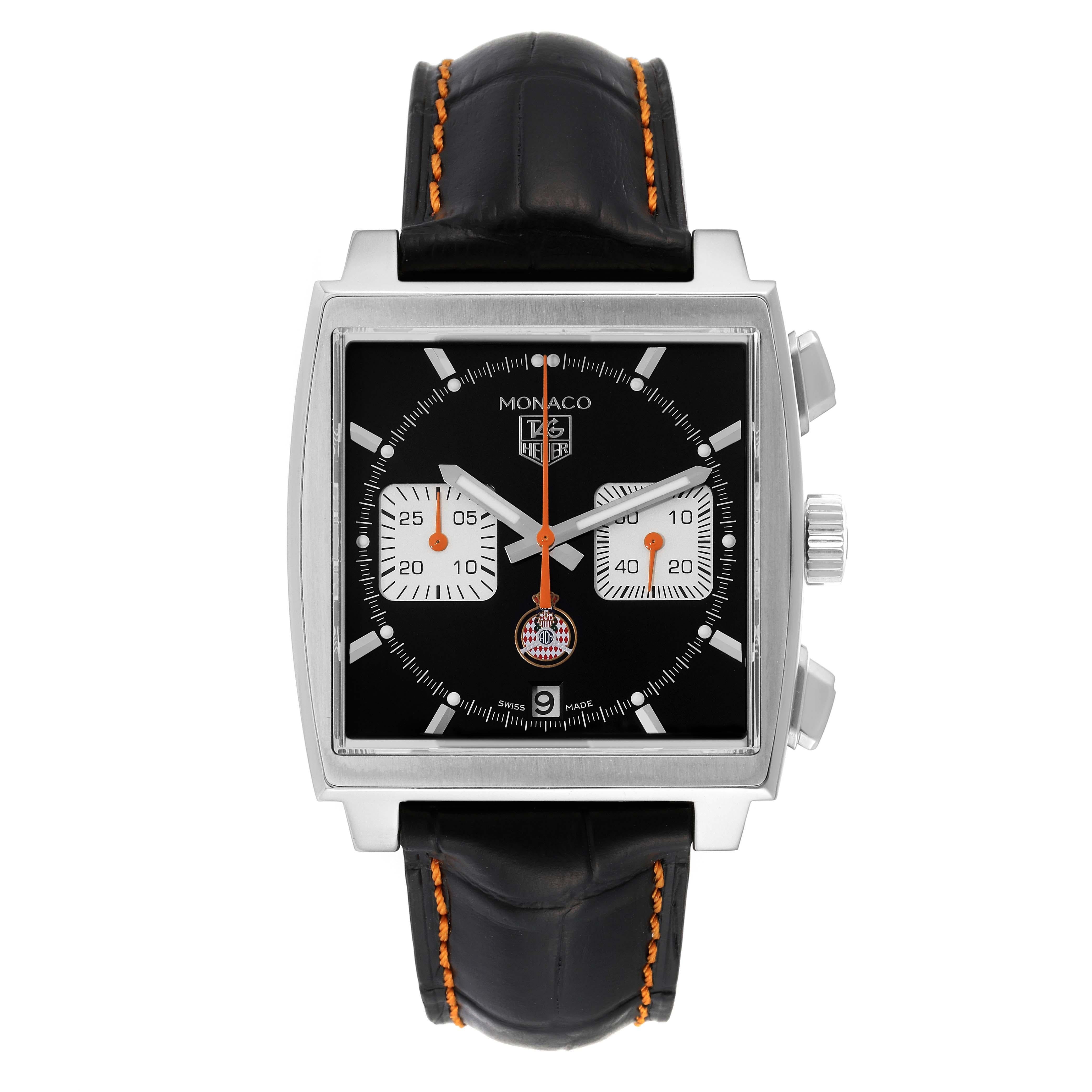Tag Heuer Monaco Calibre 12 ACM Limited Edition Watch CAW211K Box Card. Automatic self-winding movement. Alternate fine-brushed and polished stainless steel case 39.0 x 39.0 mm. Fluted crown. Exhibition caseback. Stainless steel bezel. Scratch