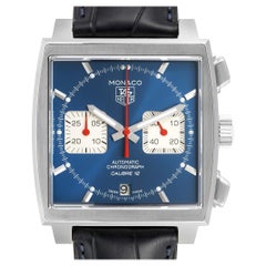 Tag Heuer Monaco Calibre 12 Blue Dial Black Strap Mens Watch CAW2111 Box