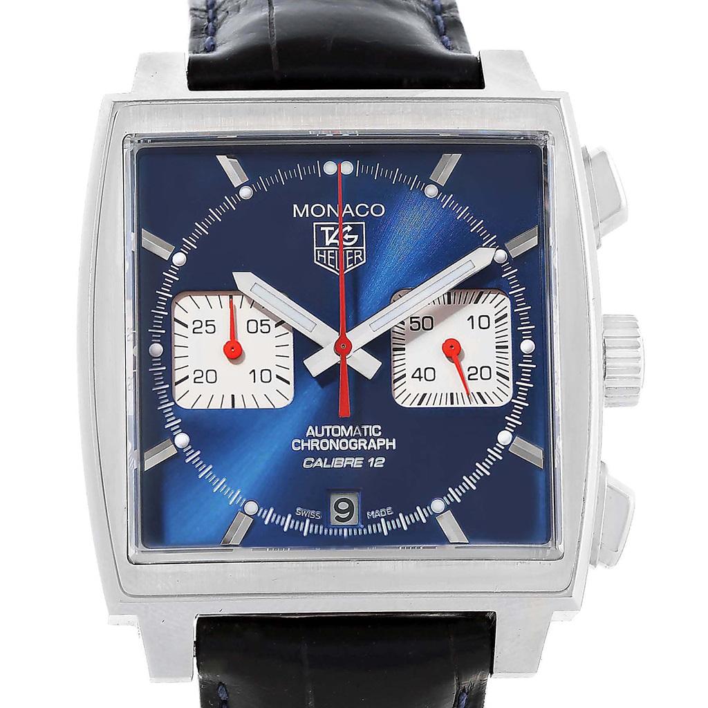 Tag Heuer Monaco Calibre 12 Blue Dial Chronograph Watch CAW2111. Automatic self-winding movement. Alternate fine-brushed and polished stainless steel case 39.0 x 39.0 mm. Fluted crown. Fixed stainless steel bezel. Scratch resistant sapphire crystal.