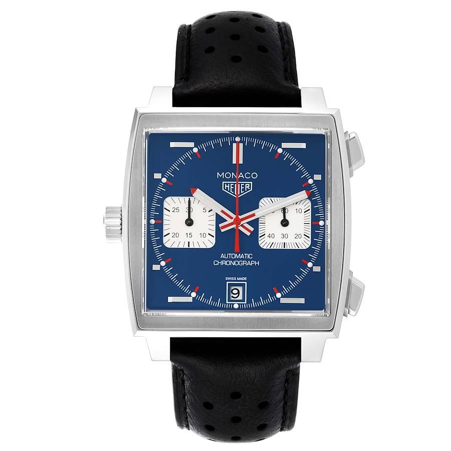 Tag Heuer Monaco Chronograph Blue Dial Steel Mens Watch CAW211P Box Card. Automatic self-winding movement. Alternate fine-brushed and polished square stainless steel case 39.0 x 39.0 mm. Fluted crown. Transperrent exhibition sapphire crystal case