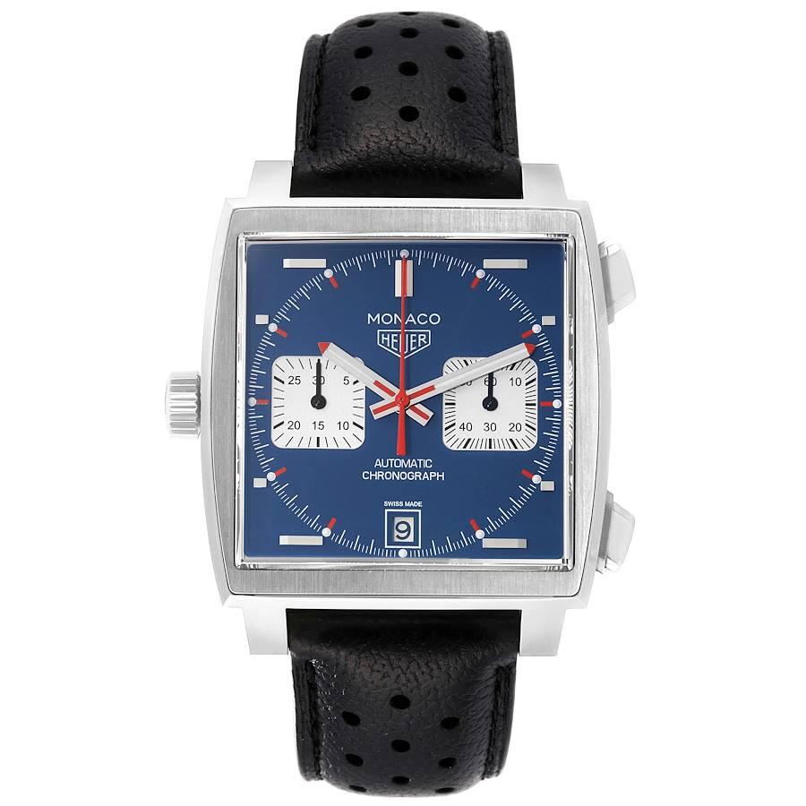 Tag Heuer Monaco Chronograph Blue Dial Steel Mens Watch CAW211P Box Card. Automatic self-winding movement. Brushed and polished square stainless steel case 39.0 x 39.0 mm. Fluted crown. Transparent exhibition sapphire crystal case back. Stainless