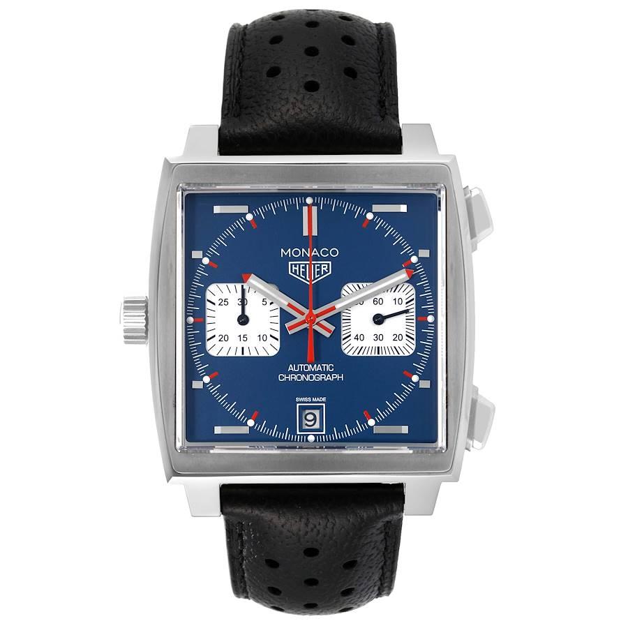 Tag Heuer Monaco Chronograph Blue Dial Steel Mens Watch CAW211P Box Card. Automatic self-winding movement. Brushed and polished square stainless steel case 39.0 x 39.0 mm. Fluted crown. Transparent exhibition sapphire crystal case back. Stainless