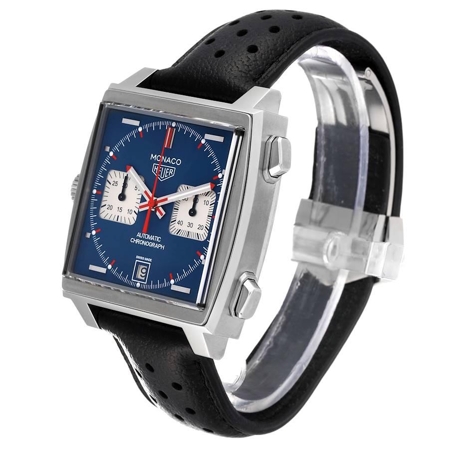 Tag Heuer Monaco Chronograph Blue Dial Steel Mens Watch CAW211P Box Card In Excellent Condition For Sale In Atlanta, GA