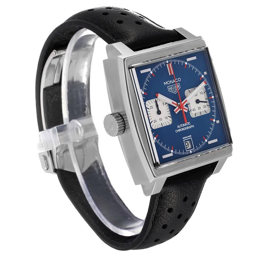 Men's Tag Heuer Monaco Chronograph Blue Dial Steel Mens Watch CAW211P Box Card For Sale