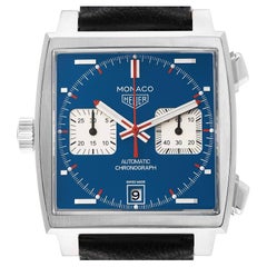 Used TAG Heuer Monaco Chronograph Blue Dial Steel Mens Watch CAW211P Box Card