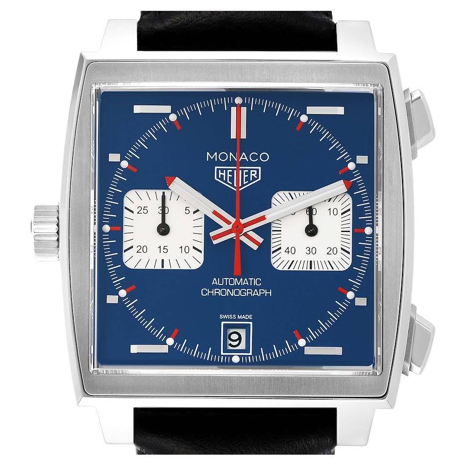 TAG Heuer Monaco Chronograph Blue Dial Steel Mens Watch CAW211P Box Card For Sale