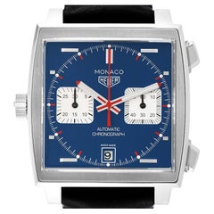 Used TAG Heuer Monaco Chronograph Blue Dial Steel Mens Watch CAW211P Box Card