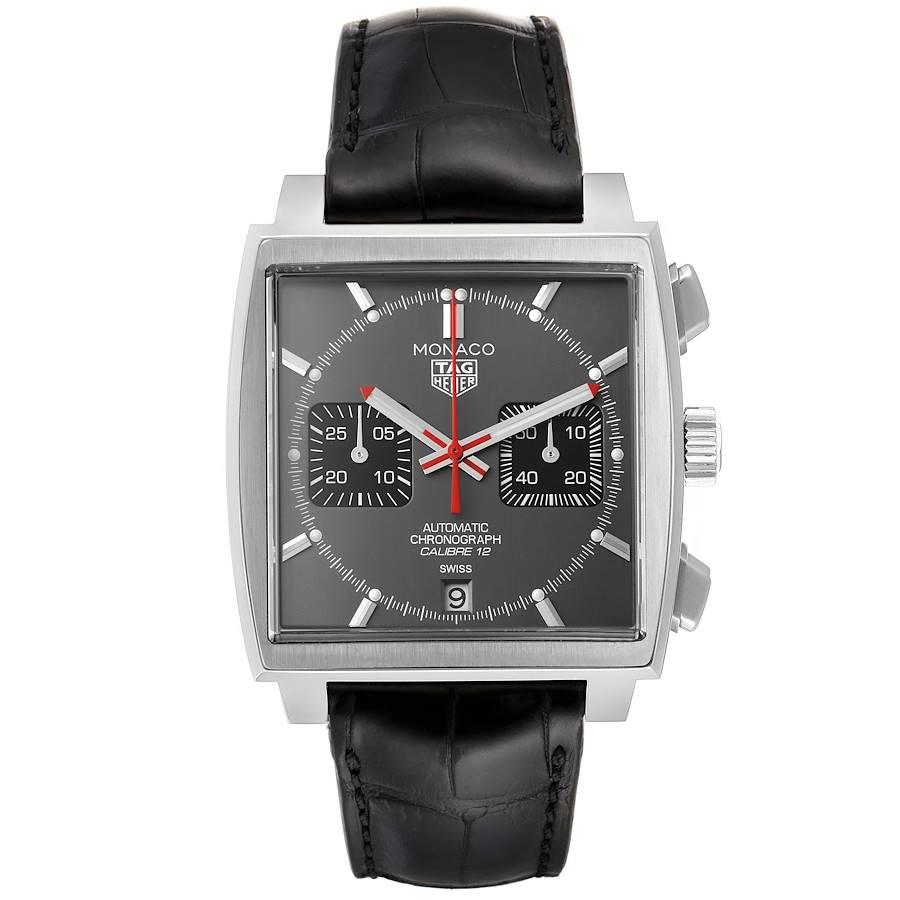Tag Heuer Monaco Grey Dial Limited Steel Mens Watch CAW211J Box Card. Automatic self-winding chronograph movement. Alternate fine-brushed and polished stainless steel case 39.0 x 39.0 mm. Fluted crown. Exhibition transparrent sapphire crystal case