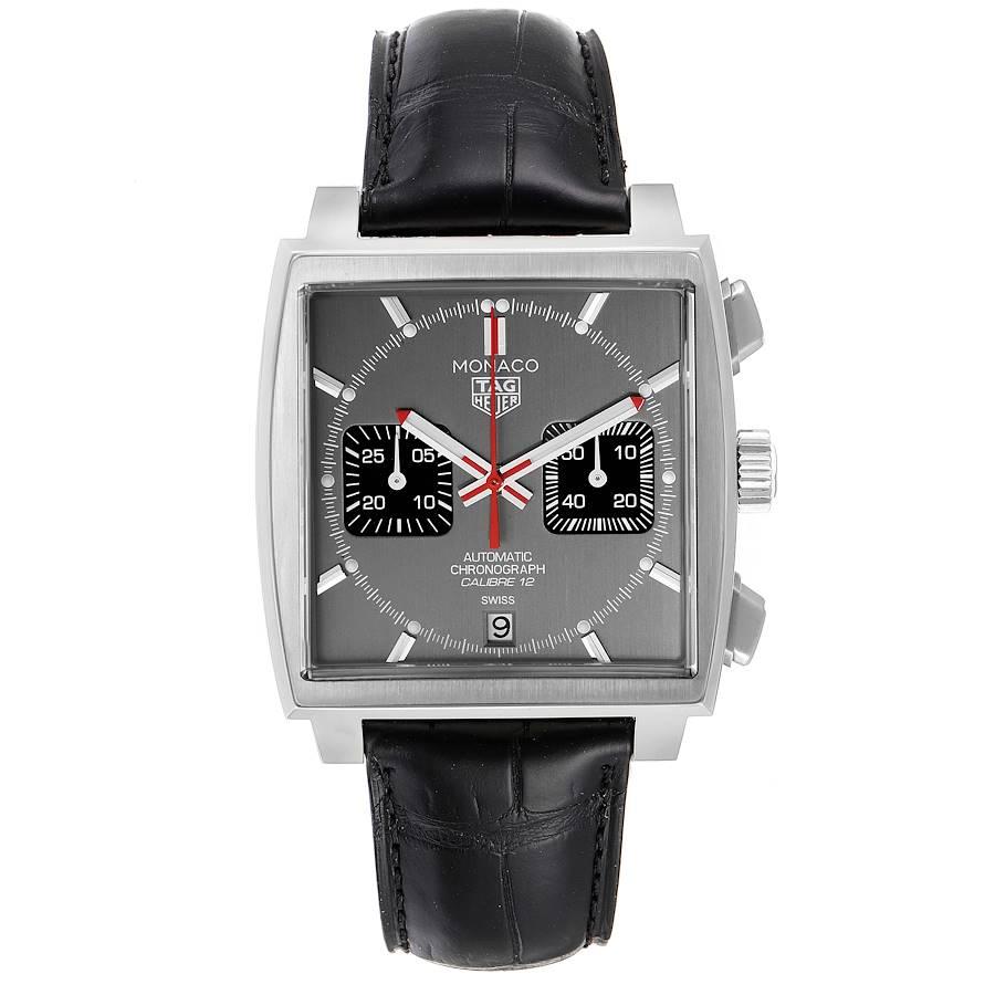 Tag Heuer Monaco Grey Dial Limited Steel Mens Watch CAW211J Unworn. Automatic self-winding chronograph movement. Alternate fine-brushed and polished stainless steel case 39.0 x 39.0 mm. Fluted crown. Exhibition transparrent sapphire crystal case