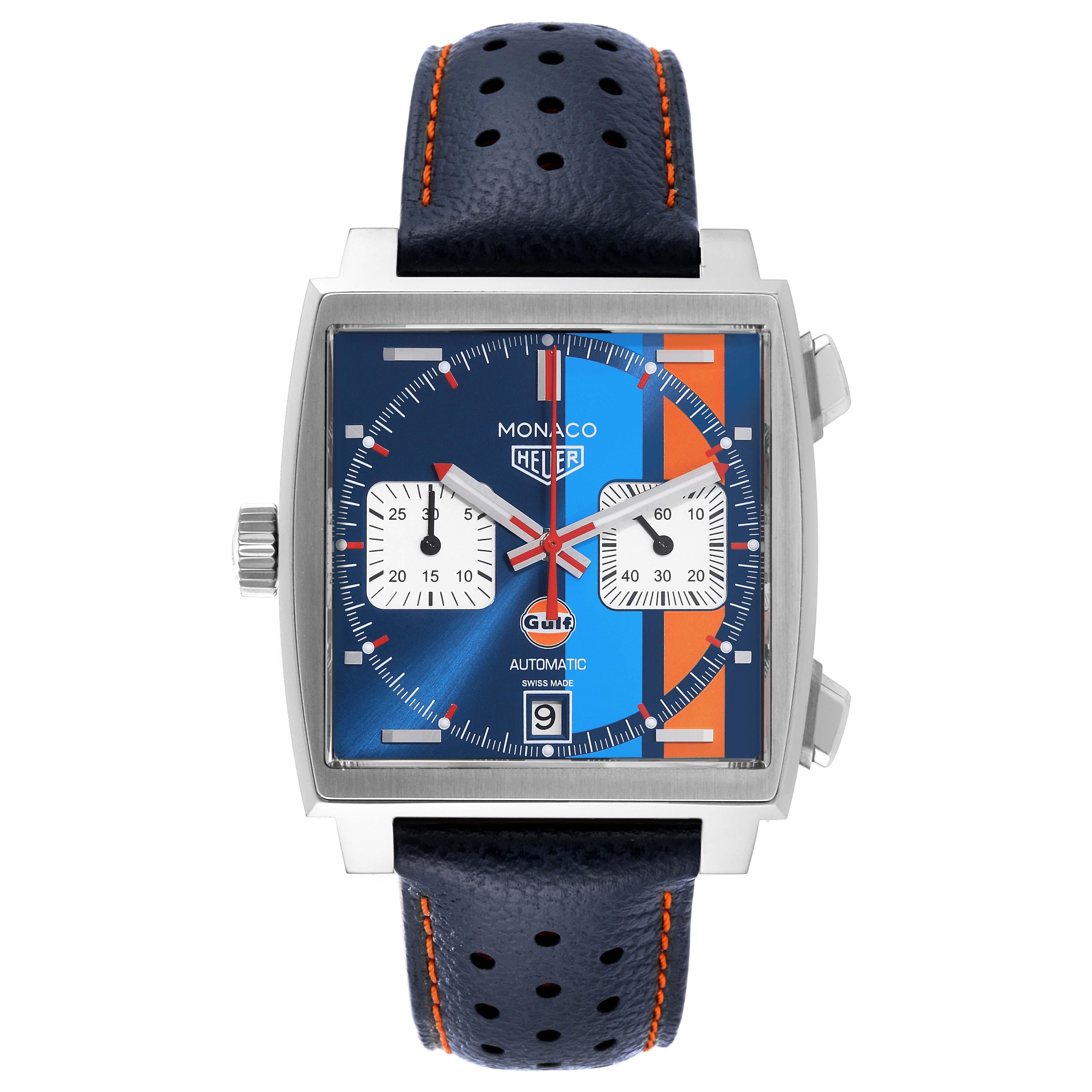 Tag Heuer Monaco Gulf 2018 Chronograph Steel Mens Watch CAW211R Box Card. Automatic self-winding chronograph movement. Alternate fine-brushed and polished stainless steel case 39.0 x 39.0 mm.  Exhibition transparent sapphire crystal caseback.