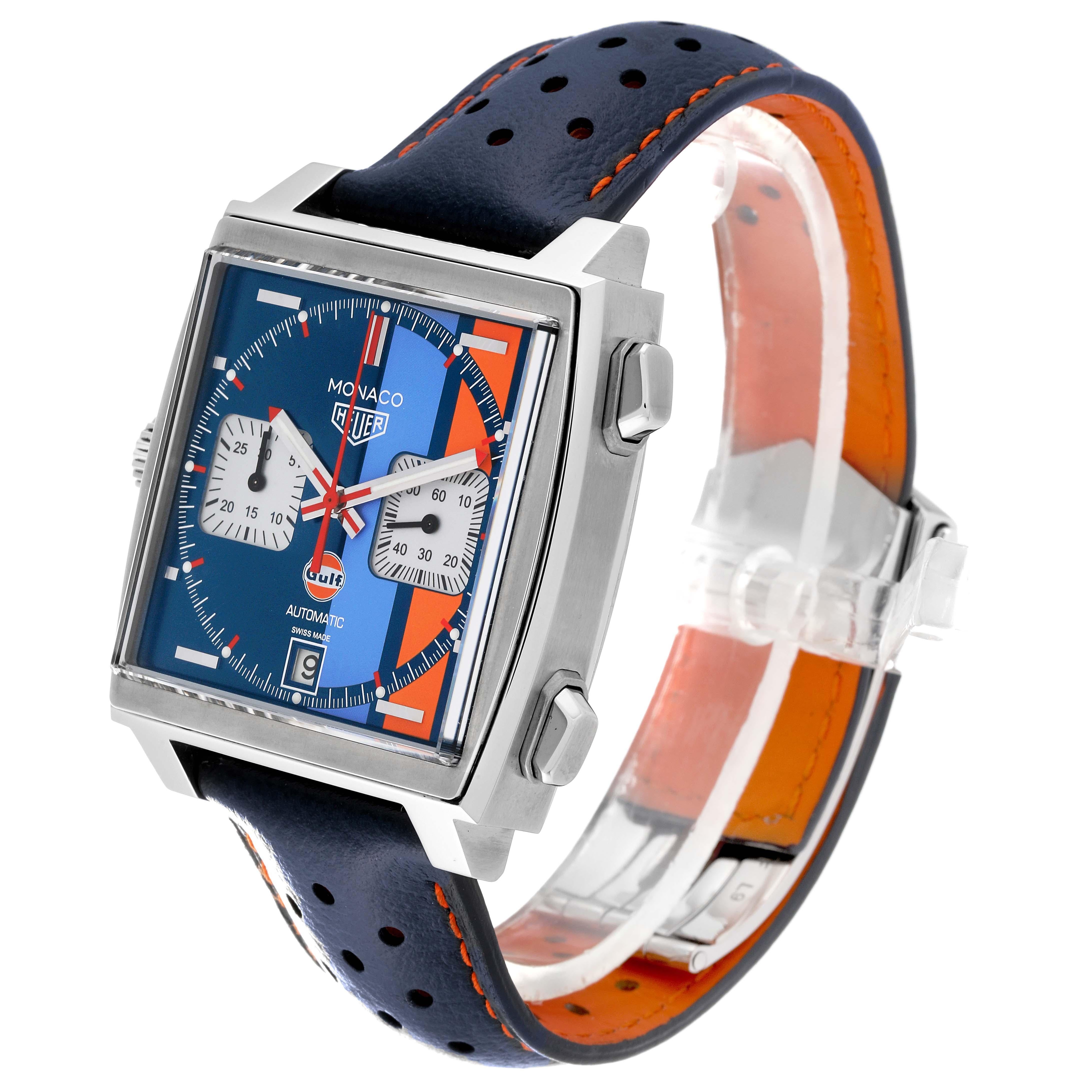 Tag Heuer Monaco Gulf 2018 Chronograph Steel Mens Watch CAW211R Box Card In Excellent Condition For Sale In Atlanta, GA