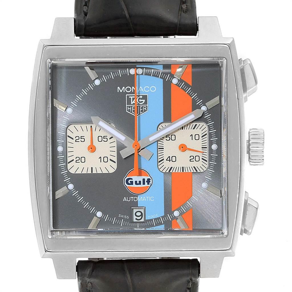 Tag Heuer Monaco Gulf Calibre 12 Chronograph Mens Watch CAW2113. Automatic self-winding movement. Alternate fine-brushed and polished stainless steel case 39.0 x 39.0 mm. Fluted crown. Exhibition transparrent case back. Stainless steel bezel.