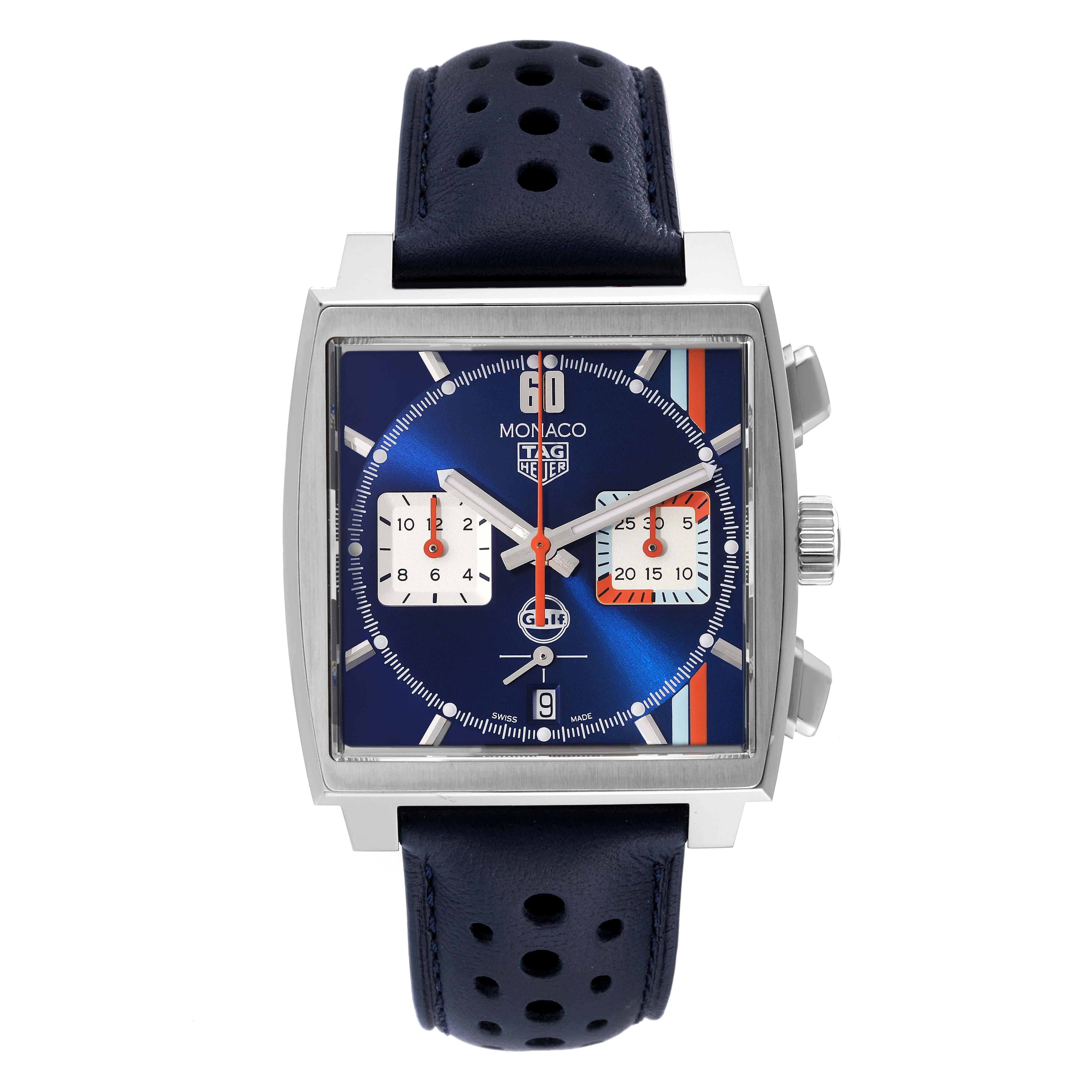 Tag Heuer Monaco Gulf Chronograph Steel Mens Watch CBL2115 Box Card. Automatic self-winding chronograph movement. Alternate fine-brushed and polished stainless steel case 39.0 x 39.0 mm.  Exhibition transparent sapphire crystal caseback. Stainless