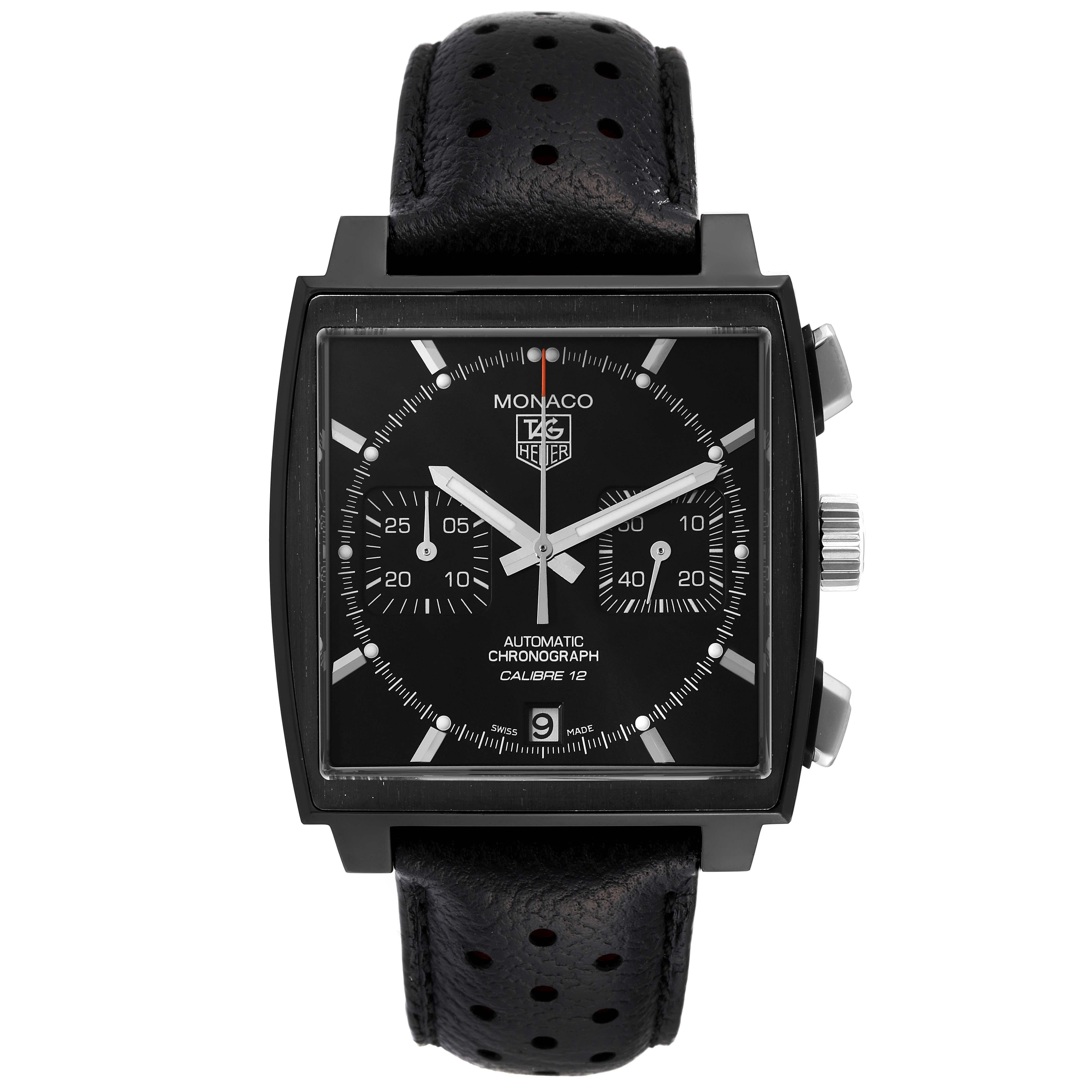 Tag Heuer Monaco LE Chronograph Steel Mens Watch CAW211M Box Card. Automatic self-winding movement. Calibre 12. Titanium carbide coated stainless steel case 40.5 x 40.5 mm. Transparent exhibition sapphire crystal back. Titanium carbide coated