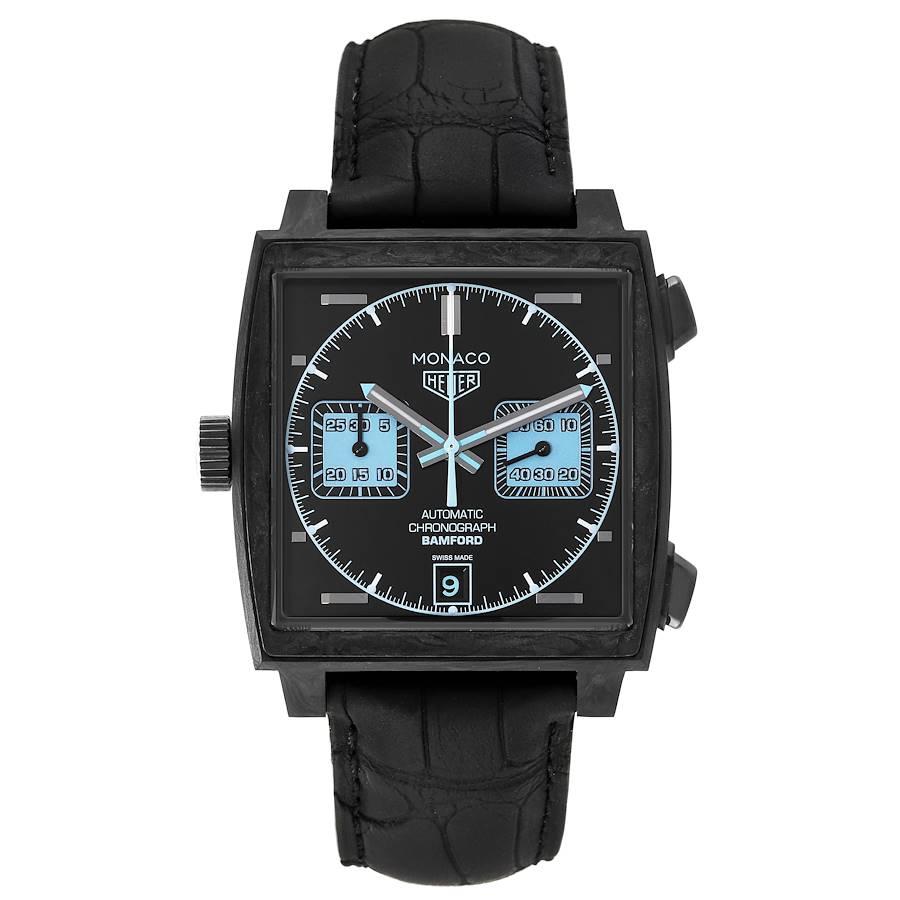 Tag Heuer Monaco Limited Edition Black Dial Carbon Mens Watch CAW2190 Box Card. Automatic self-winding movement. Black carbon case 39.0 x 39.0 mm. Fluted crown. Black carbon smooth bezel. Scratch resistant sapphire crystal. Black dial with raised