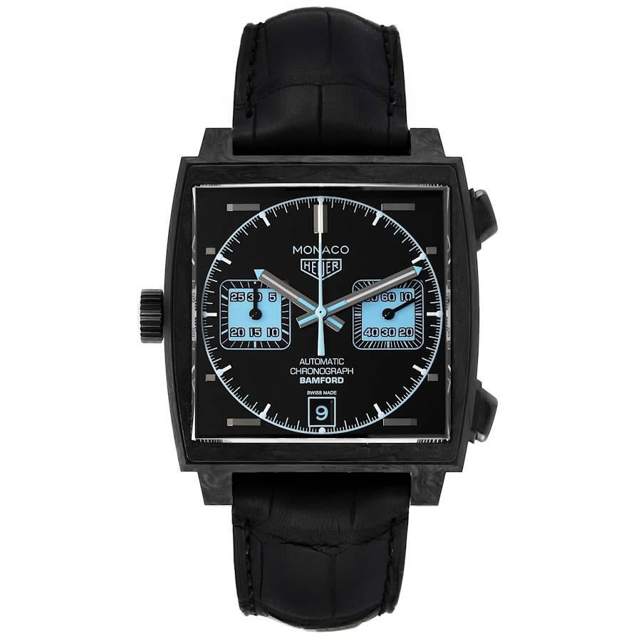 Tag Heuer Monaco Limited Edition Black Dial Carbon Mens Watch CAW2190 Unworn. Automatic self-winding movement. Black carbon case 39.0 x 39.0 mm. Fluted crown. Black carbon smooth bezel. Scratch resistant sapphire crystal. Black dial with raised blue