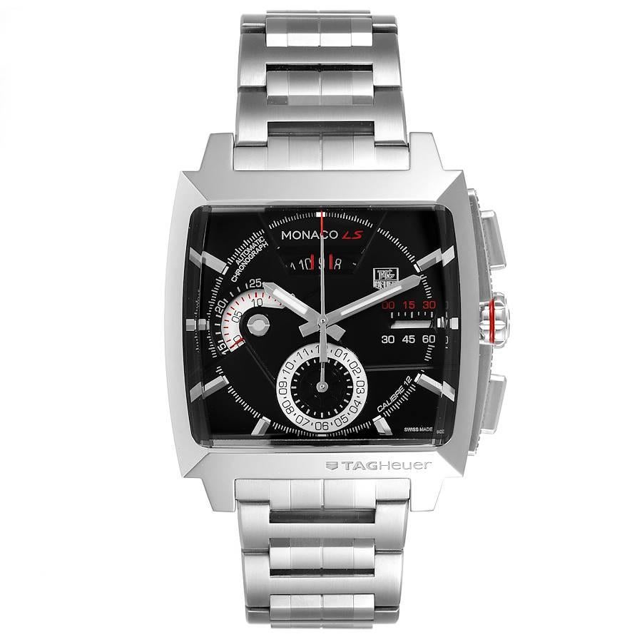 Tag Heuer Monaco LS Chronograph Steel Mens Watch CAL2110 Box Card. Automatic self-winding movement. Polished stainless steel case 40.5 x 40.5 mm. Case thickness 16.7mm. Stainless steel smooth bezel. Scratch resistant sapphire crystal. Black dial
