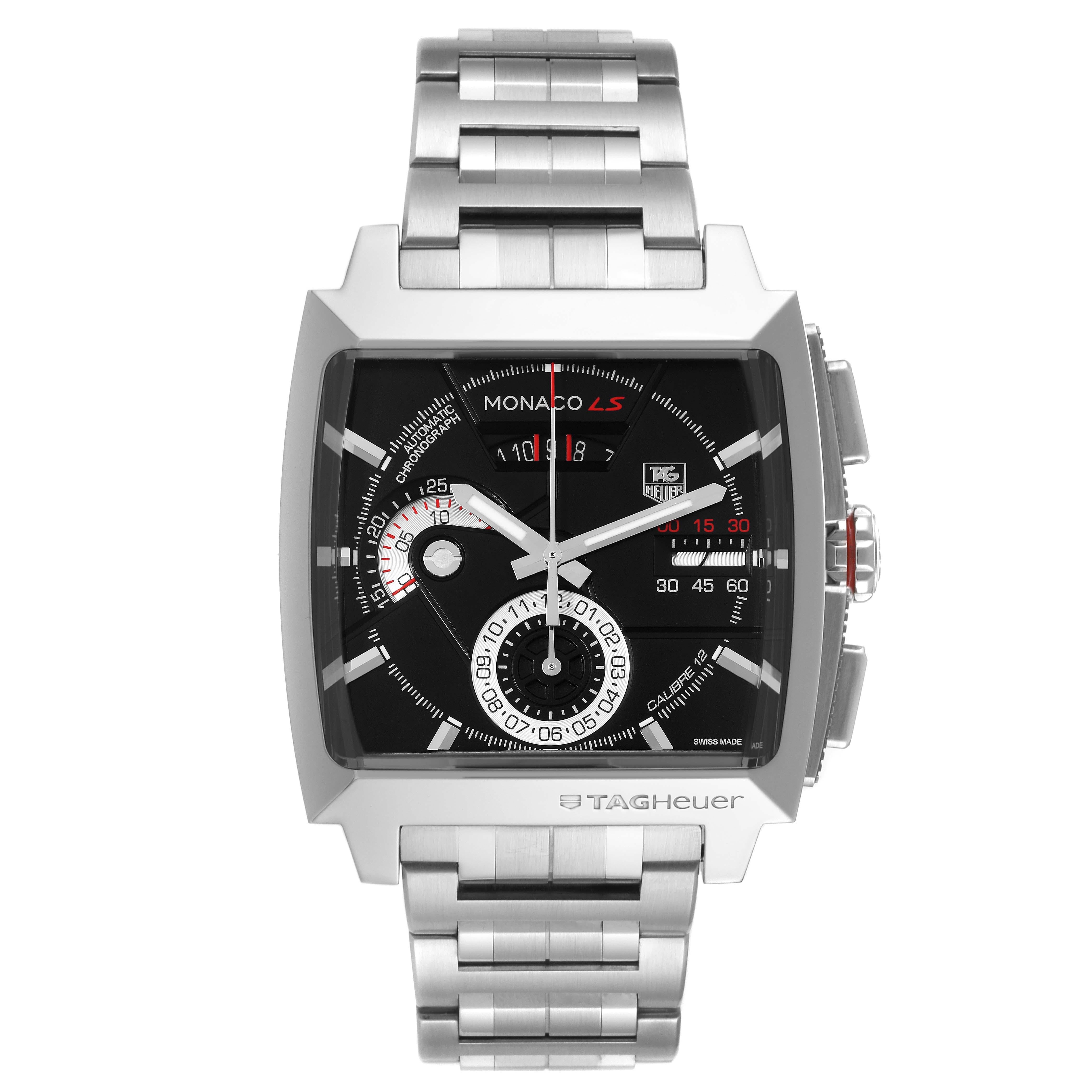 Tag Heuer Monaco LS Chronograph Steel Mens Watch CAL2110 Box Card. Automatic self-winding movement. Polished stainless steel case 40.5 x 40.5 mm. Case thickness 16.7mm. Stainless steel smooth bezel. Scratch resistant sapphire crystal. Black dial